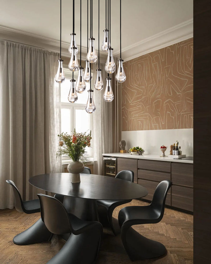 Hand-Blown Crystal Linear Cluster Chandelier for Dining Room – Organic Modern, Aged Brass, Raindrop Series - LightsStory Chandeliers & Crystal Lighting - USA