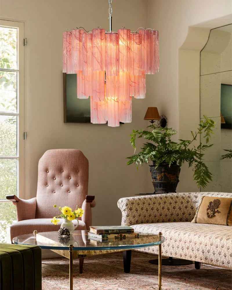 Cortina Series Cascading Chandelier | Multi-Tier Murano Glass Handcrafted Fluted Pink Murano Glass Tubes, Satin Brass for Grand Entrances and Dining Rooms - LightsStory Chandeliers & Crystal Lighting - USA