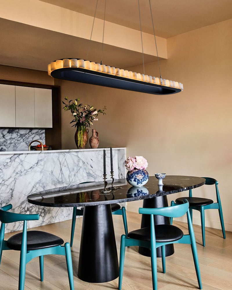 Alabaster Fluted Wave Oval Halo Linear Chandelier - Natural Spanish Alabaster, Lux Brass Trim - Kitchen Islands & Dining Rooms