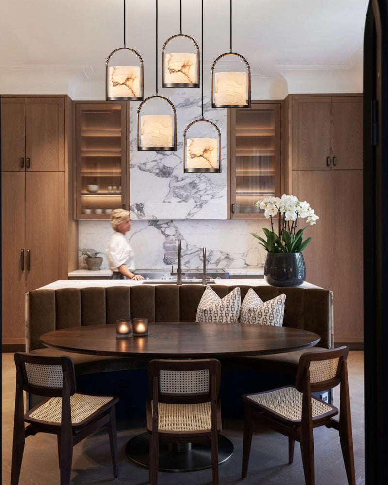 Alabaster 3-Light Cluster Pendant for Kitchen Island – Modern Industrial, Brass, Black, The Geo-Stone Collection - LightsStory Chandeliers & Crystal Lighting - USA
