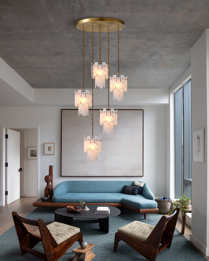 Alabaster Marble Dual-Tier Cluster Chandelier for Dining Room – Modern Luxe, Brushed Brass, Stone Series - LightsStory Chandeliers & Crystal Lighting - USA