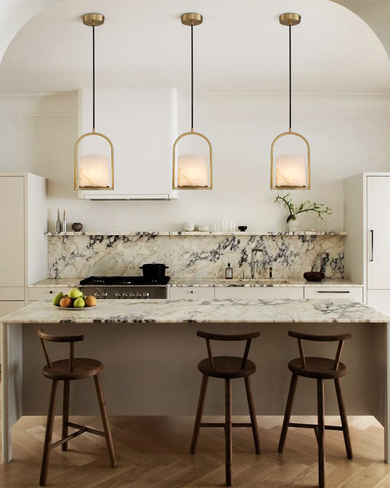 Natural Alabaster Dome Pendant Light for Kitchen Island – Modern Organic, Brass, Cloud Stone Series