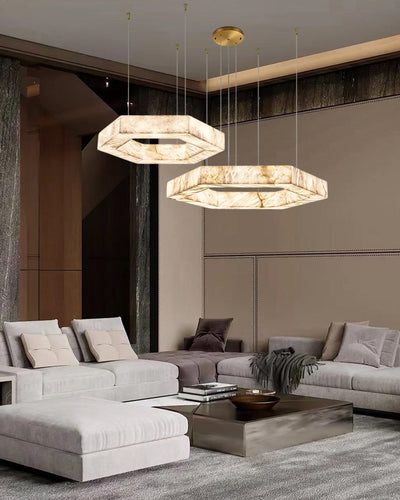 A spacious living room featuring two square ceiling lamps with a hexagonal pattern