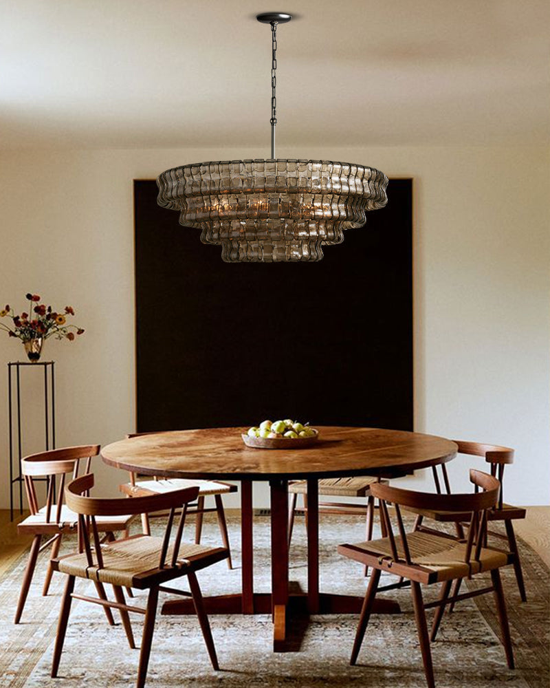 Ghiaccio Glass Multi Tiered Clear Textured Tile Waterfall Chandelier - Lux Brass Trim - Living Rooms, Bedrooms, Dining Rooms