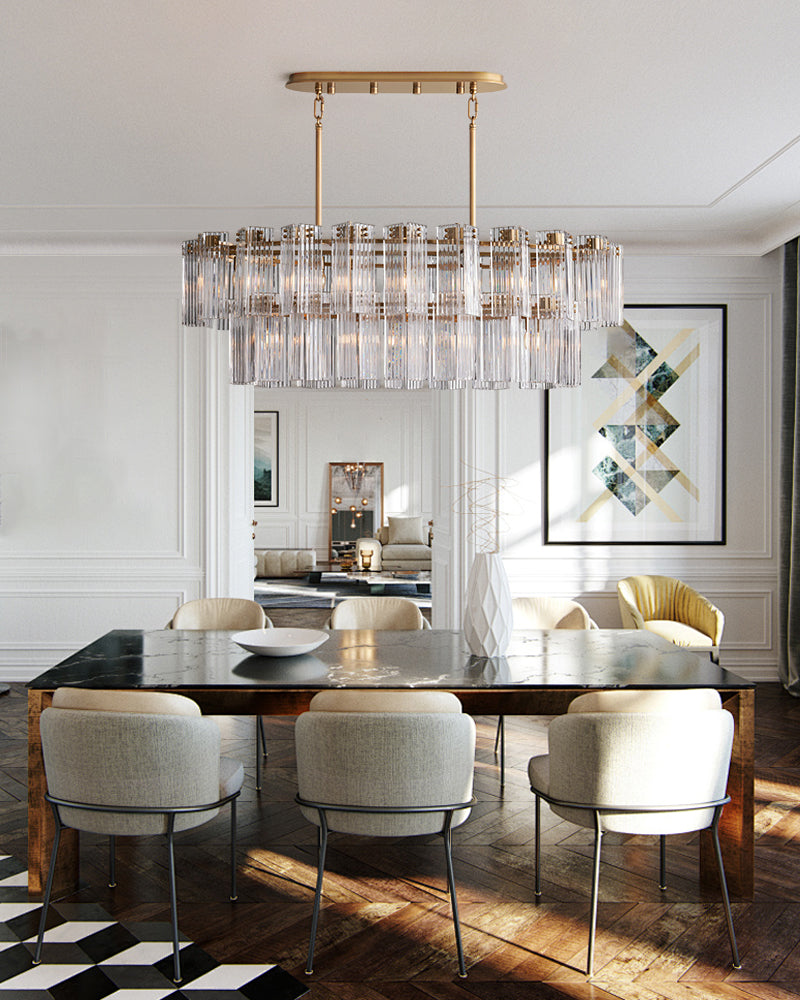 Saint-Cirq Clear Fluted Glass Multi Tiered Canopy Linear Chandelier - Clear Glass, Serene Brass Trim - Kitchen Islands & Dining Rooms