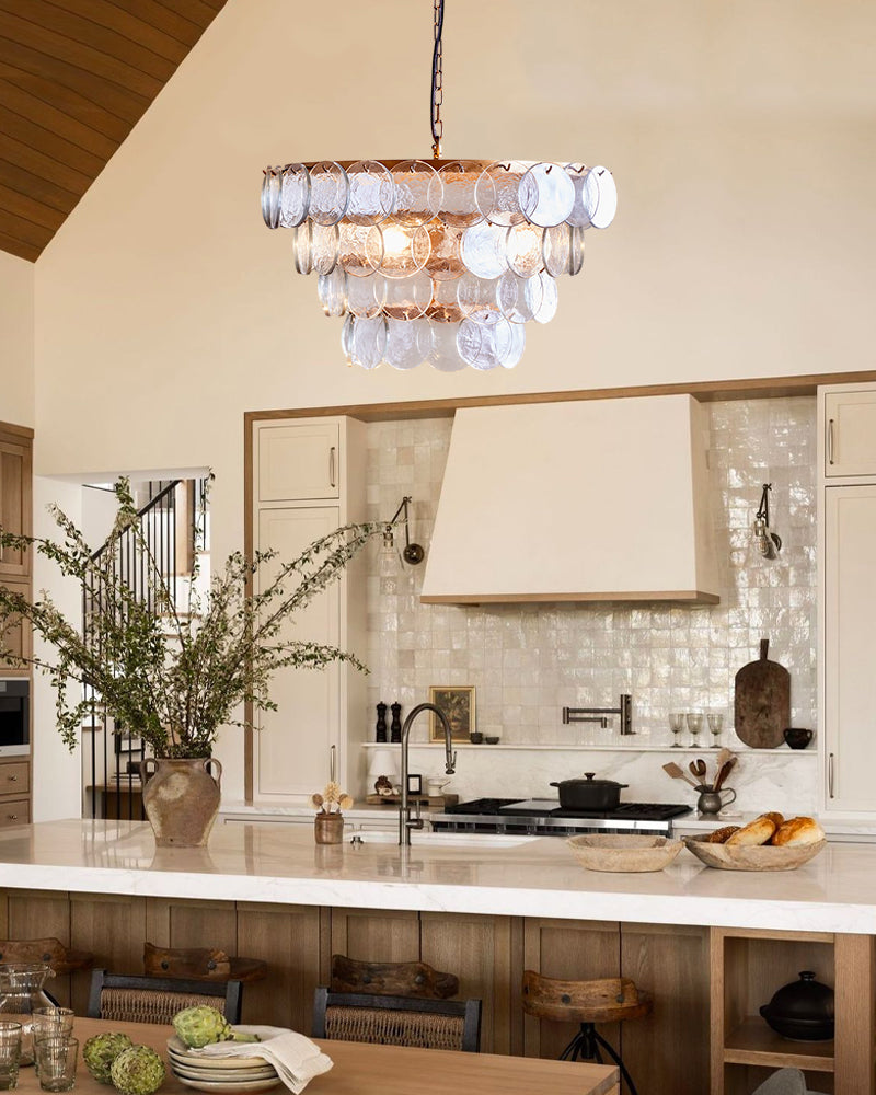 Ghiaccio Glass Multi Tiered Glass Disc Cascading Waterfall Chandelier - Crystal Clear Glass, Serene Copper Trim - Living Rooms, Bedrooms, Dining Rooms