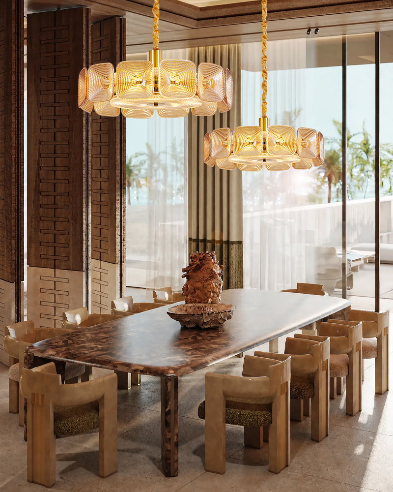 Ghiaccio Amber Glass Tinted Disc Halo Drum Chandelier