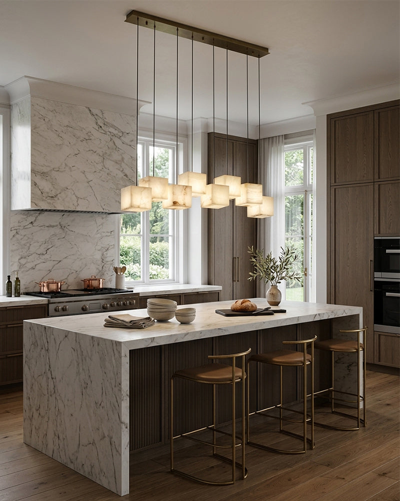 Alabaster Square Cluster Pendant Light - Natural Spanish Alabaster, Serene Matte, Custom Trim - Luxury Home Interior Lighting