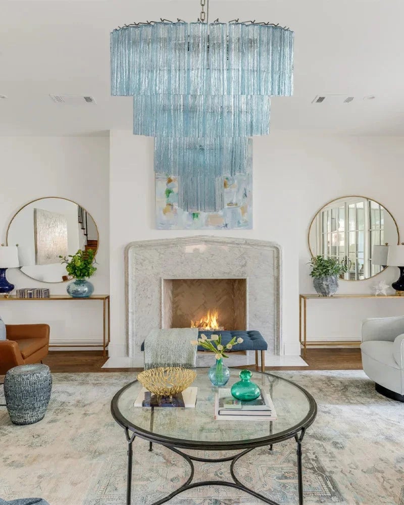 Cortina Series Cascading Chandelier | Multi-Tier Fluted Glass Handcrafted Fluted Murano-Inspired Blue Glass, Satin Brass for Grand Entrances and Dining Rooms - LightsStory Chandeliers & Crystal Lighting - USA