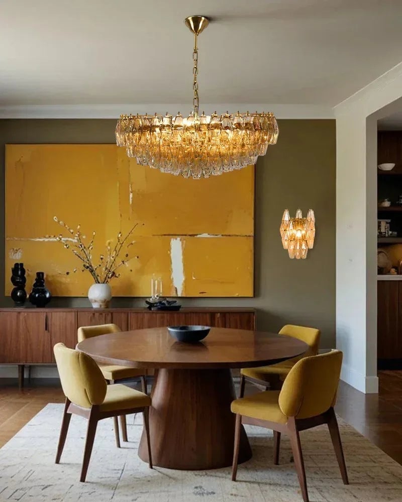 Cortina Series Cascading Chandelier | Multi-Tier Hand Blown Polyhedrons Hand-blown Murano glass polyhedrons, Antique brass satin frame with gold enamel for Grand halls and dining rooms - LightsStory Chandeliers & Crystal Lighting - USA