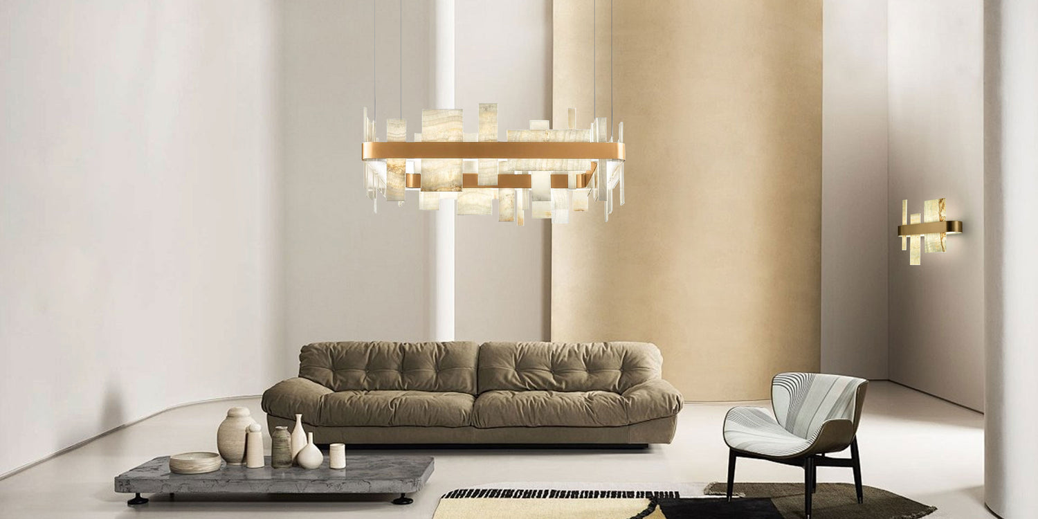 Luxury Marble Slice & Metal Frame Semi Flush Mount Chandelier Lamp, Long Length 100/120/150cm