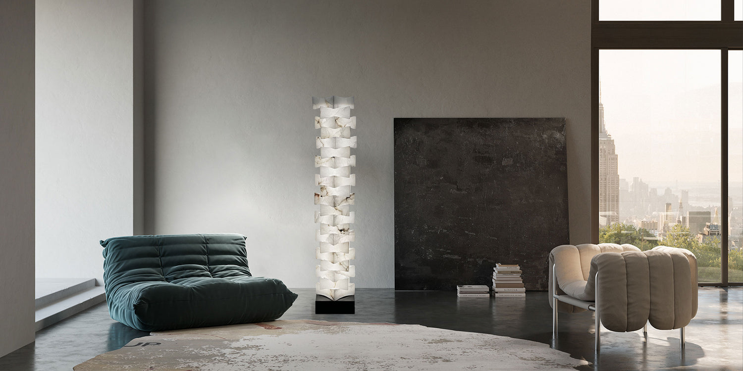 LED Stacked Laminated Square High Floor Lamp with Alabaster Marble shade