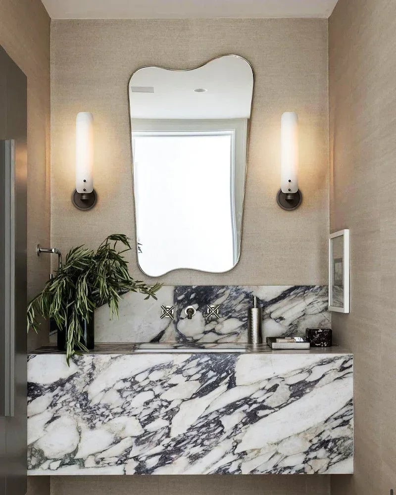 Knightsbridge Series Geometric Wall Sconce | Linear Solid brass and frosted soda-lime glass, Polished brass finish for Entryways, bedrooms, and living areas - LightsStory Chandeliers & Crystal Lighting - USA