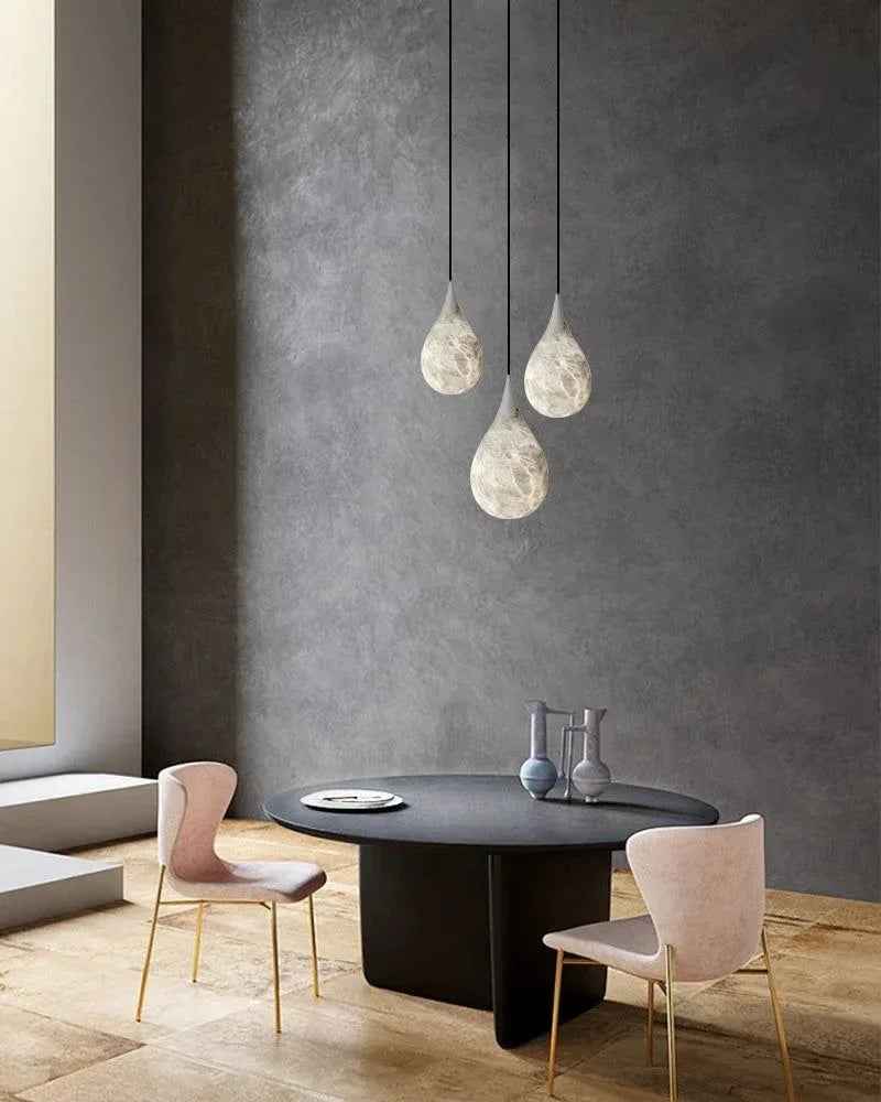 Alabaster Geometric Teardrop Cluster Pendant Light - Natural Spanish Alabaster Teardrops, Serene Black Trim - Kitchens, Dining & Living Rooms
