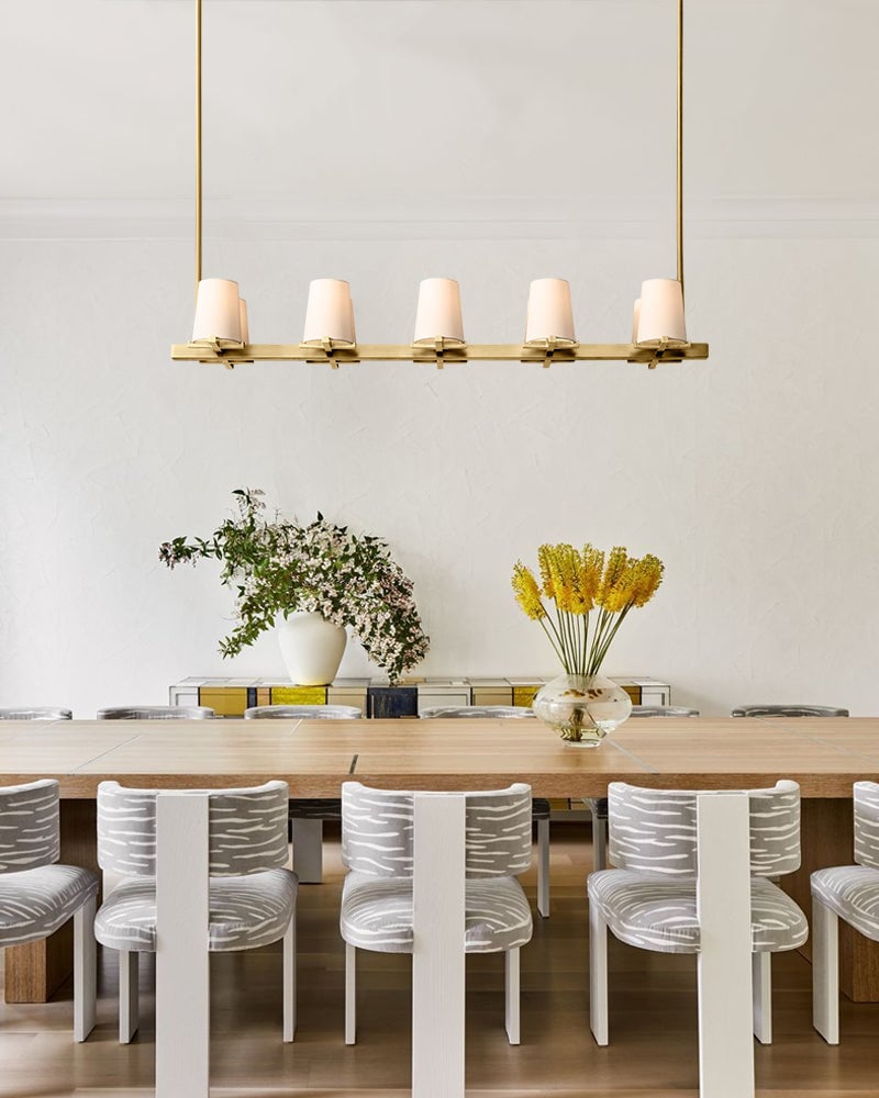 Ravello Organic Linen Shade Tapered Candelabra Chandelier - Organic Fabric Design, Lux Gold Trim - Kitchen Islands & Dining Rooms