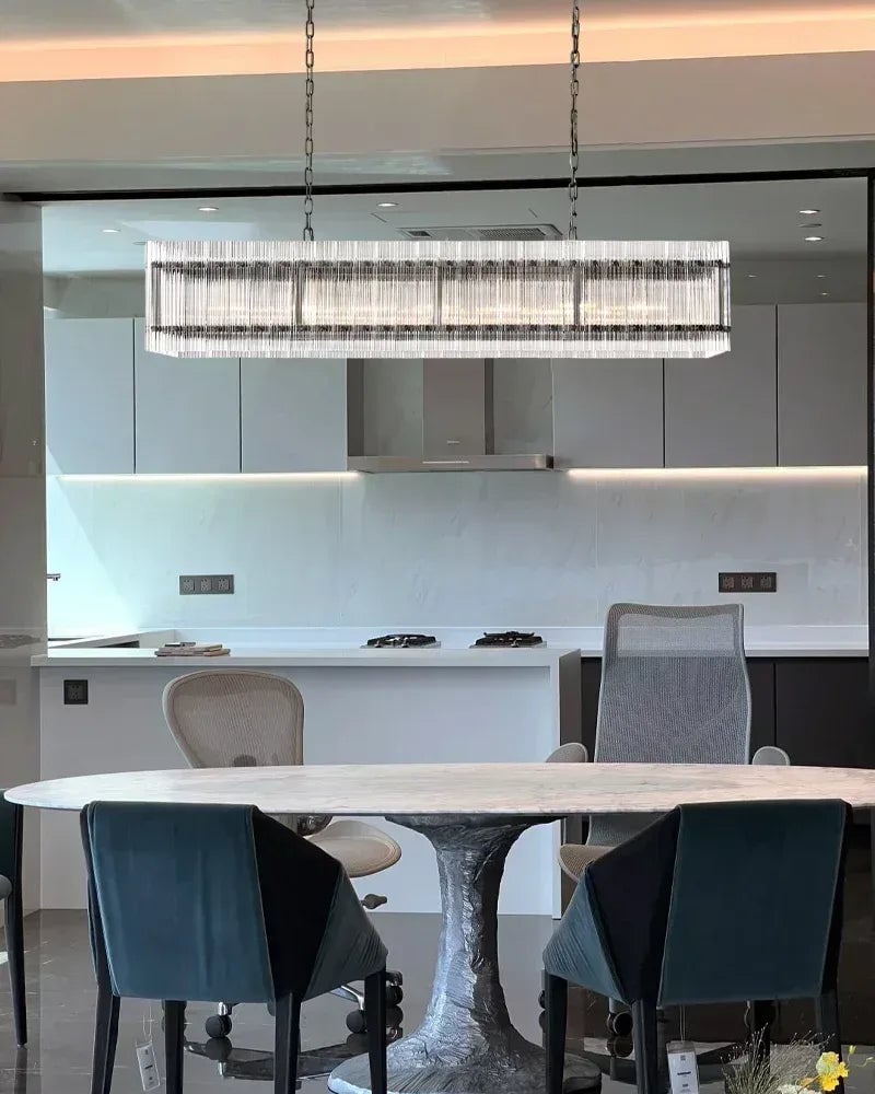 Val D’Isère Murano Glass Fluted Glass Rod Linear Chandelier - Crystal Clear Glass, Serene Black Trim - Kitchen Islands & Dining Rooms
