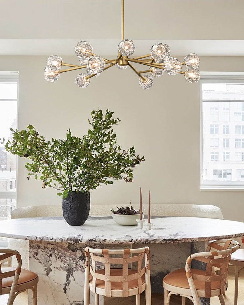K9 Crystal Gemstone Globe Sputnik Chandelier - K9 Crystal, Lux Brass Trim - Living Rooms, Bedrooms, Dining Rooms