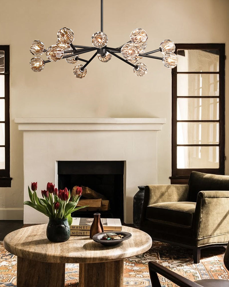 K9 Crystal Gemstone Globe Sputnik Chandelier - K9 Crystal, Lux Brass Trim - Living Rooms, Bedrooms, Dining Rooms