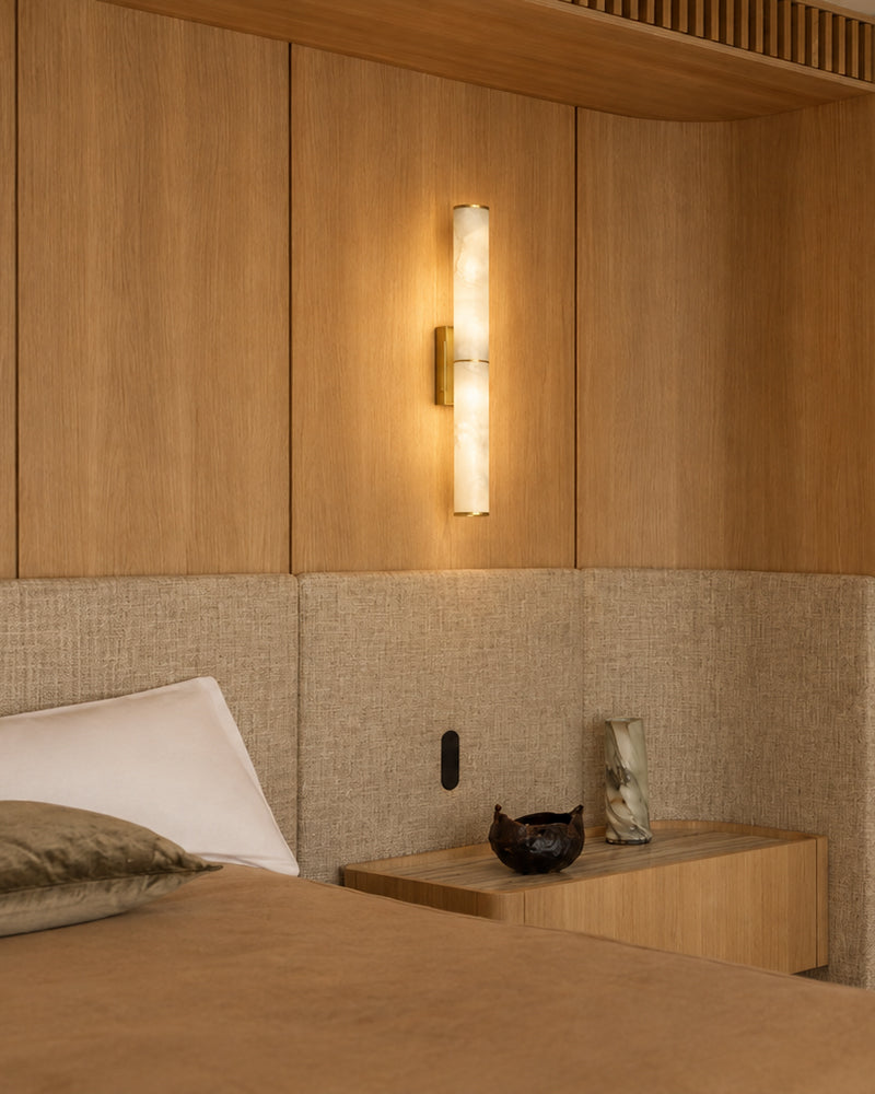 Cora Alabaster Halo Capsule Double Wall Sconce Light - Natural Spanish Alabaster, Lux Gold Trim - Hallways, Bedrooms & Bathrooms