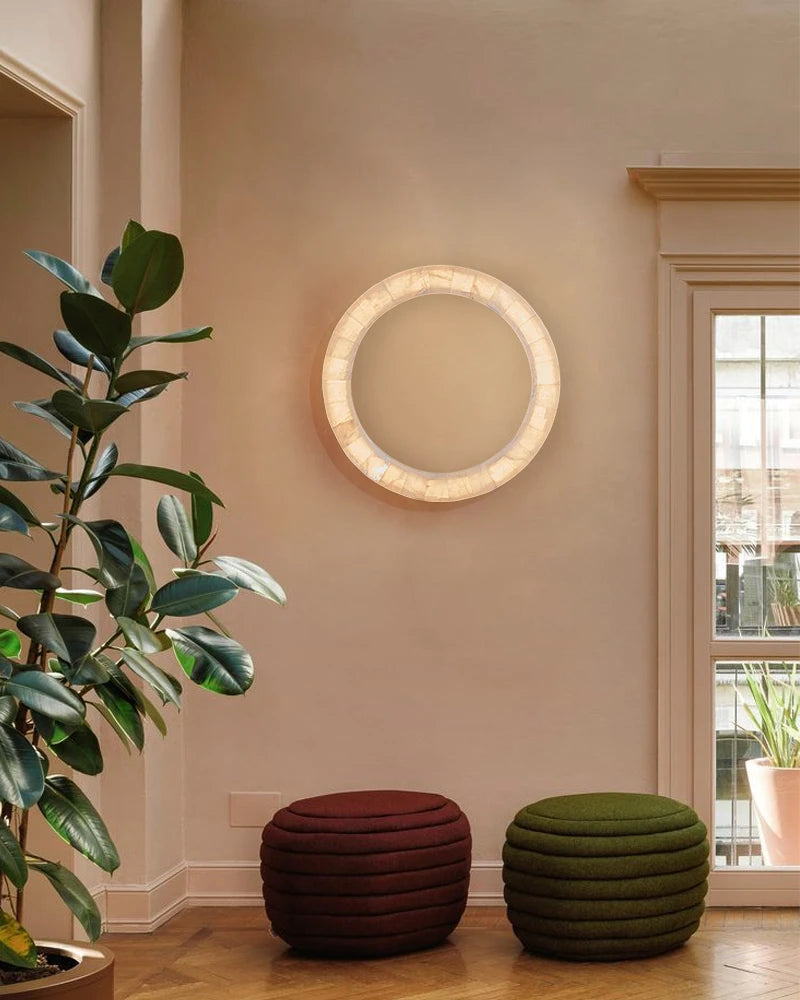 LightsStory Series Geometric Wall Sconce | Circular Mirror Raw Alabaster Marble and Reflective Mirror, Natural Stone Texture for Modern Bathrooms and Entryways Flush Mounted Wall Sconce Lamp
