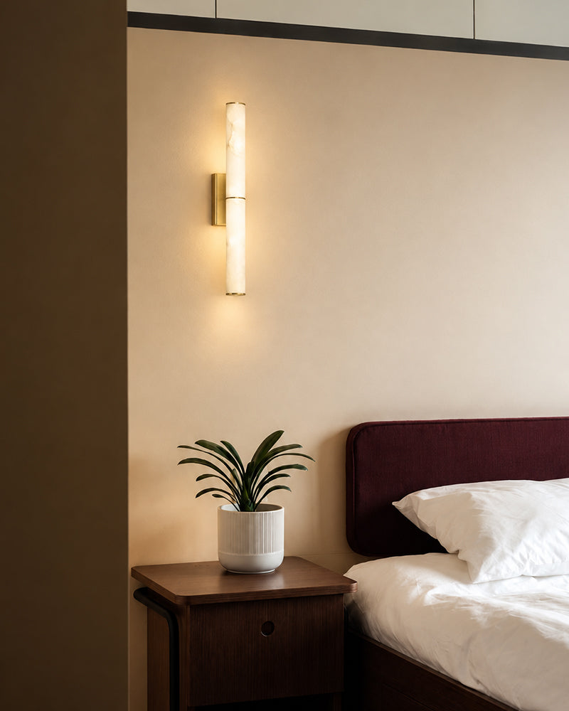 Cora Alabaster Halo Capsule Double Wall Sconce Light - Natural Spanish Alabaster, Lux Gold Trim - Hallways, Bedrooms & Bathrooms