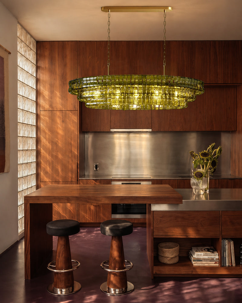 Brina Ghiaccio Smoked Green Murano Glass Oval Linear Chandelier - Textured Ice Glass, Lux Gold Trim - Kitchen Islands & Dining Rooms