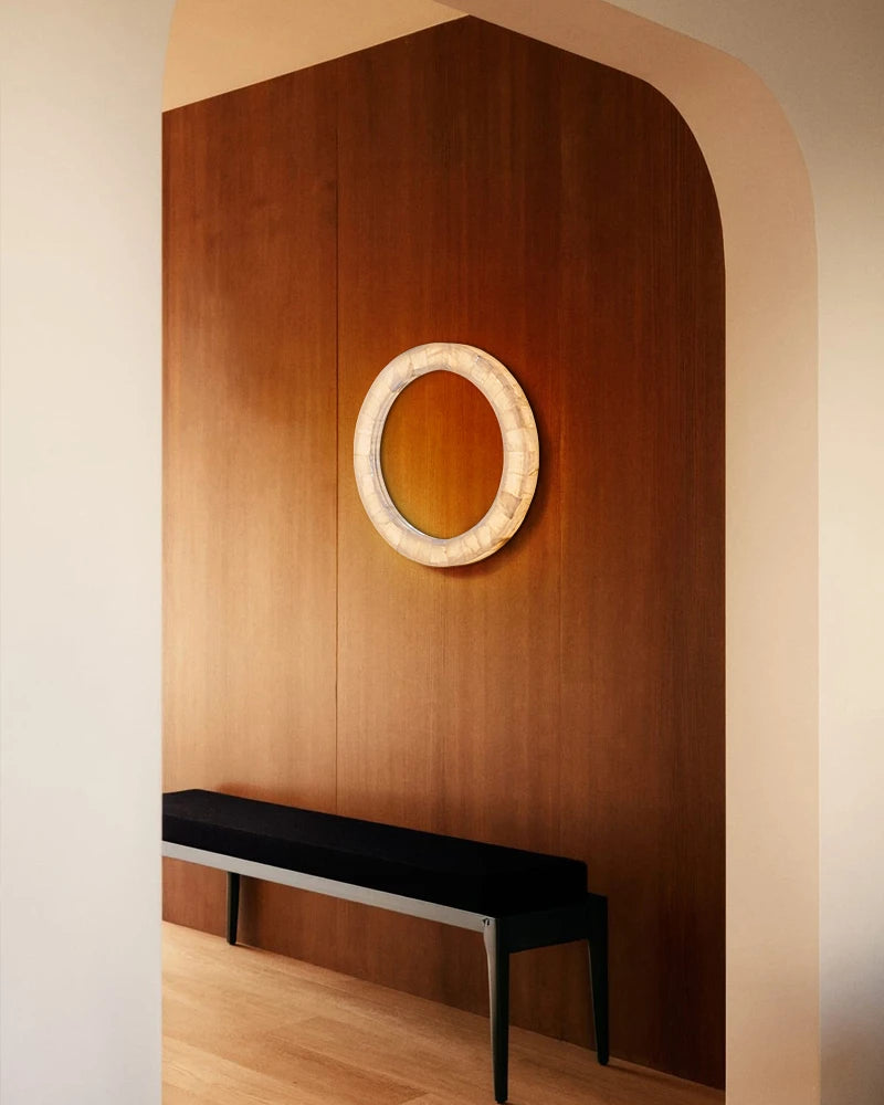 LightsStory Series Geometric Wall Sconce | Circular Mirror Raw Alabaster Marble and Reflective Mirror, Natural Stone Texture for Modern Bathrooms and Entryways Flush Mounted Wall Sconce Lamp