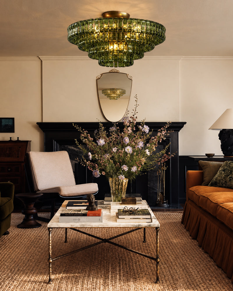 Brina Ghiaccio Murano Glass Smoked Green Cascade Ceiling Light - Textured Glass, Semi Flush Mount - Living Rooms & Dining Rooms.