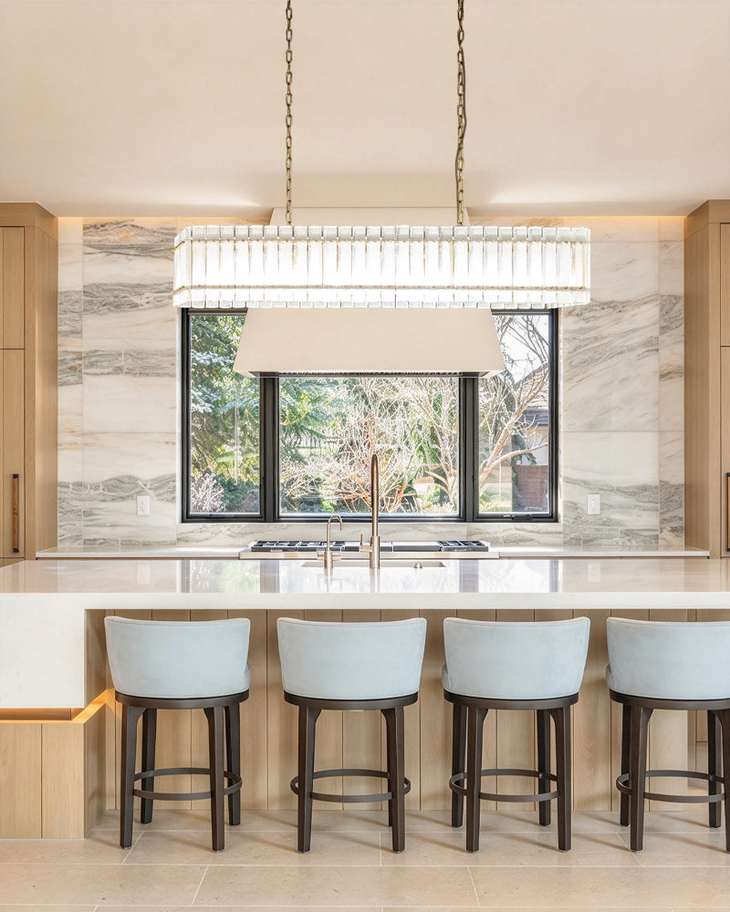 Solstice Aura Ghiaccio Glass Linear Chandelier - Lux Gold Trim - Kitchen Islands & Dining Rooms