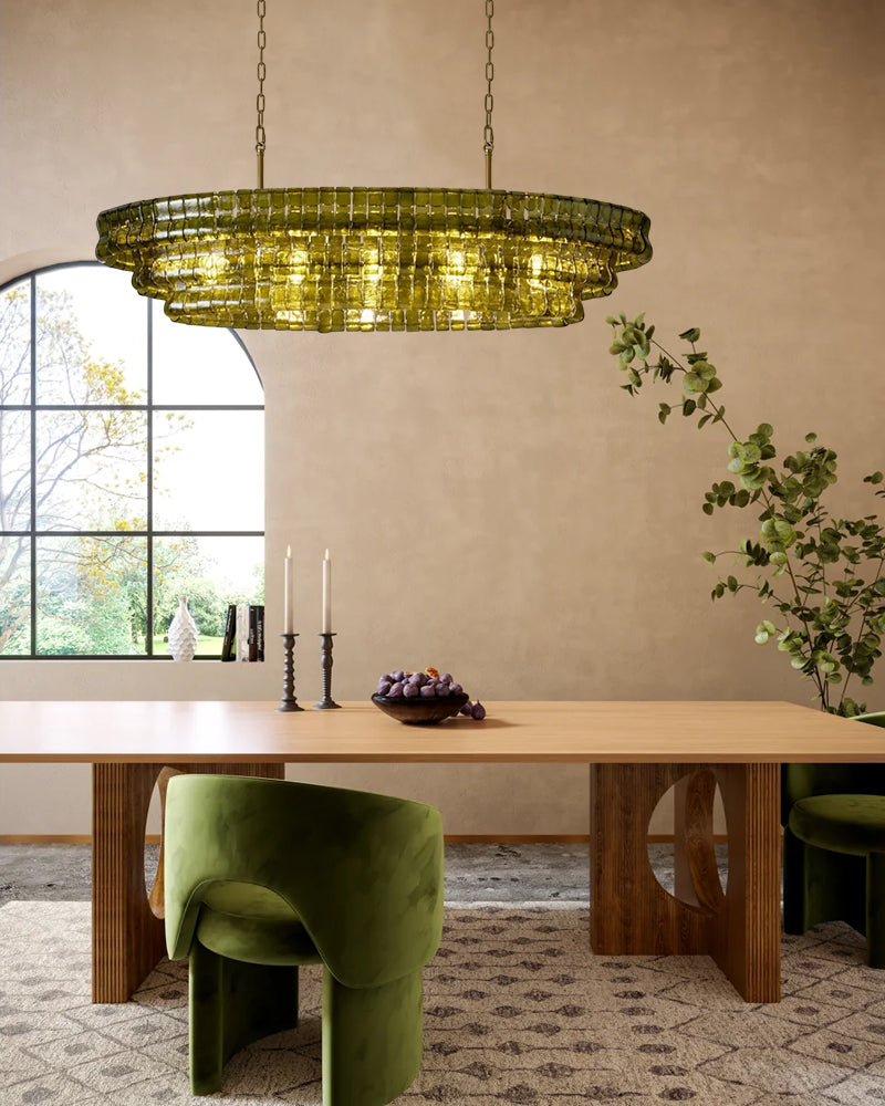 Brina Ghiaccio Smoked Green Murano Glass Oval Linear Chandelier - Textured Ice Glass, Lux Gold Trim - Kitchen Islands & Dining Rooms