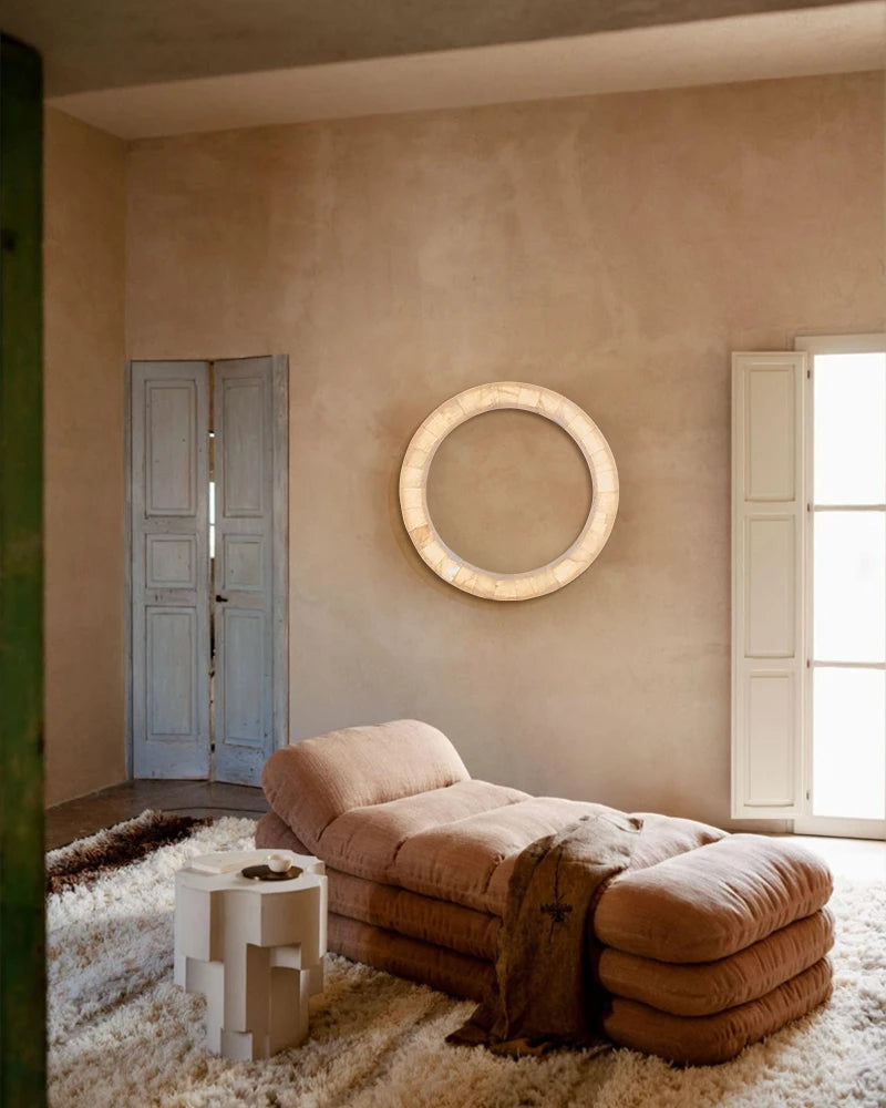 LightsStory Series Geometric Wall Sconce | Circular Mirror Raw Alabaster Marble and Reflective Mirror, Natural Stone Texture for Modern Bathrooms and Entryways Flush Mounted Wall Sconce Lamp