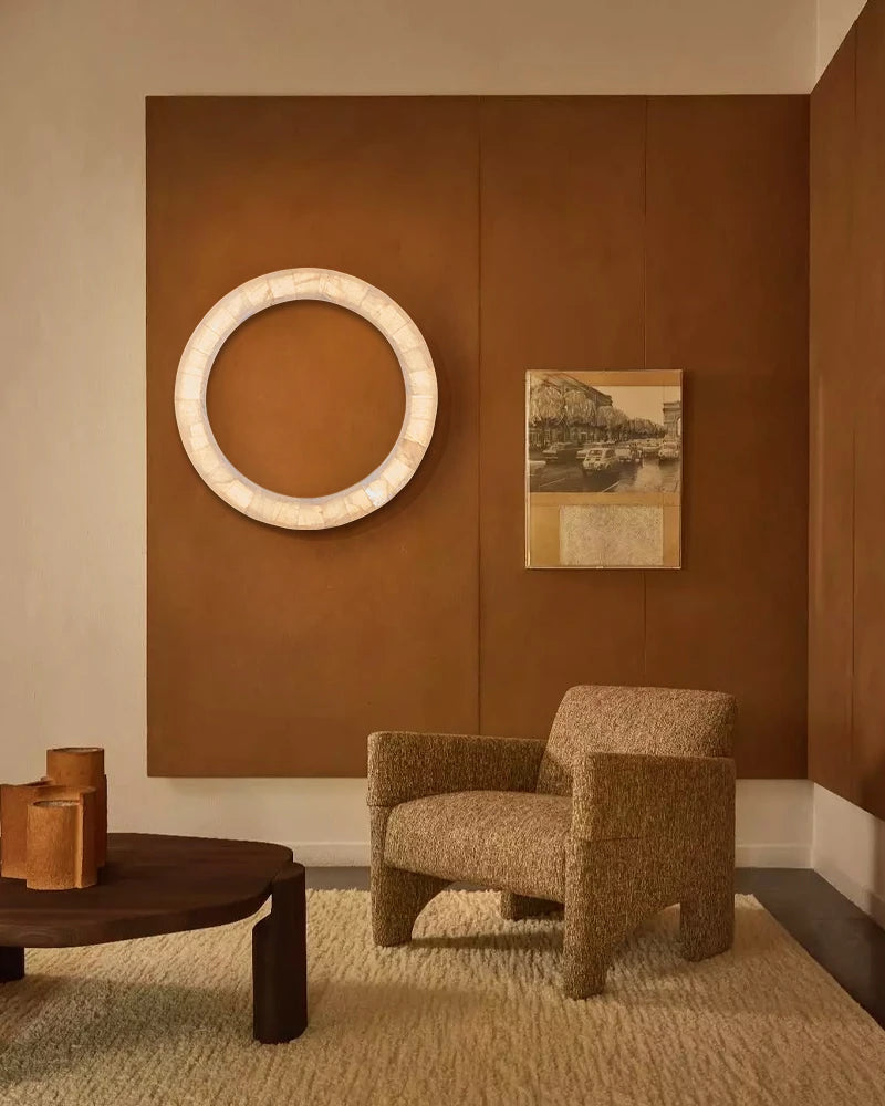 LightsStory Series Geometric Wall Sconce | Circular Mirror Raw Alabaster Marble and Reflective Mirror, Natural Stone Texture for Modern Bathrooms and Entryways Flush Mounted Wall Sconce Lamp