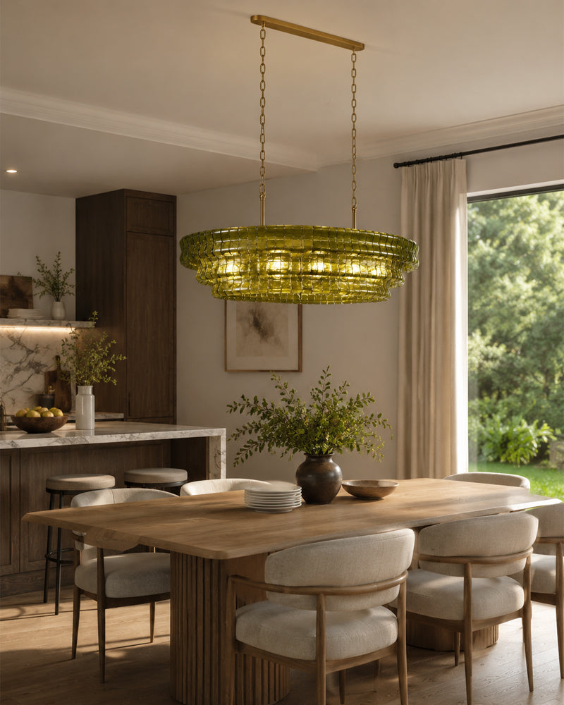 Brina Ghiaccio Smoked Green Murano Glass Oval Linear Chandelier - Textured Ice Glass, Lux Gold Trim - Kitchen Islands & Dining Rooms