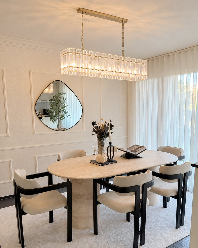 Solstice Aura Ghiaccio Glass Linear Chandelier - Lux Gold Trim - Kitchen Islands & Dining Rooms