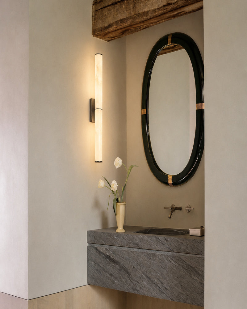 Cora Alabaster Halo Capsule Double Wall Sconce Light - Natural Spanish Alabaster, Lux Gold Trim - Hallways, Bedrooms & Bathrooms