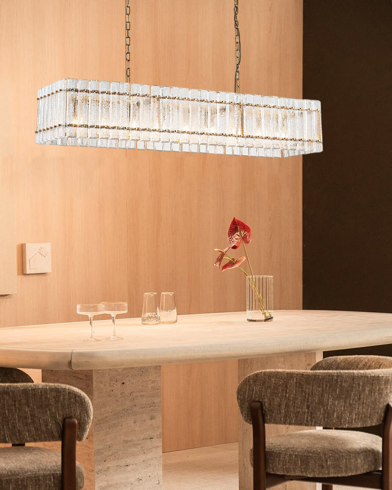 Solstice Aura Ghiaccio Glass Linear Chandelier - Lux Gold Trim - Kitchen Islands & Dining Rooms