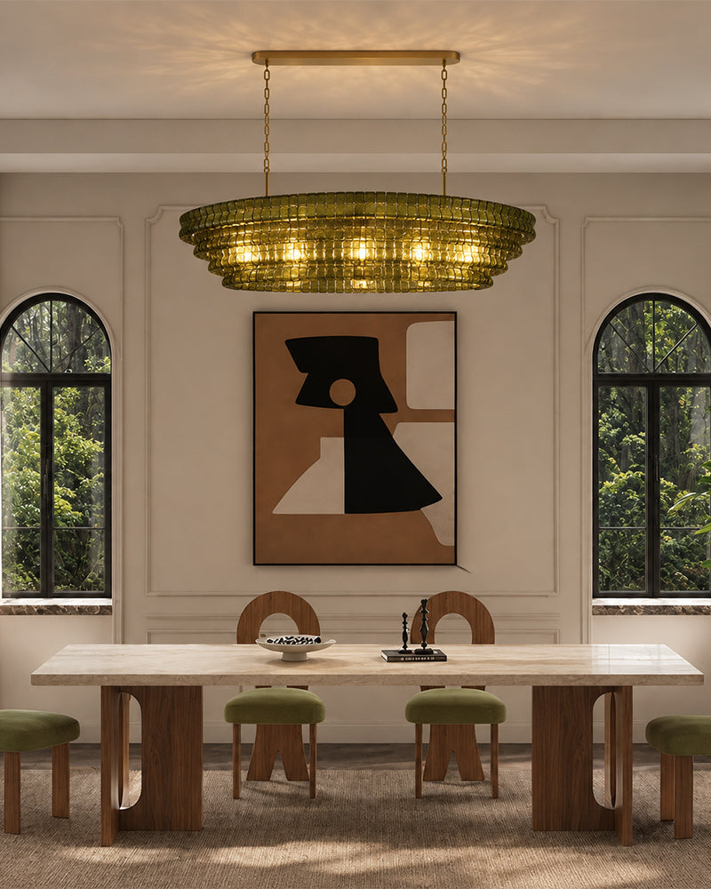 Brina Ghiaccio Smoked Green Murano Glass Oval Linear Chandelier - Textured Ice Glass, Lux Gold Trim - Kitchen Islands & Dining Rooms