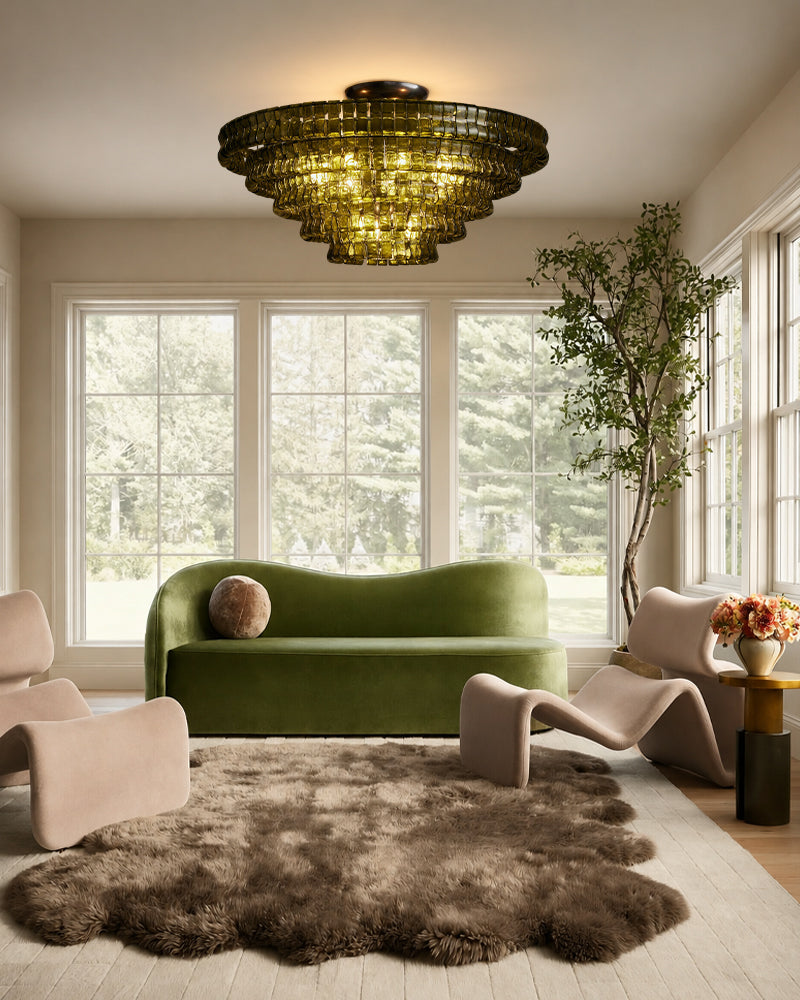 Brina Ghiaccio Murano Glass Smoked Green Cascade Ceiling Light - Textured Glass, Semi Flush Mount - Living Rooms & Dining Rooms.