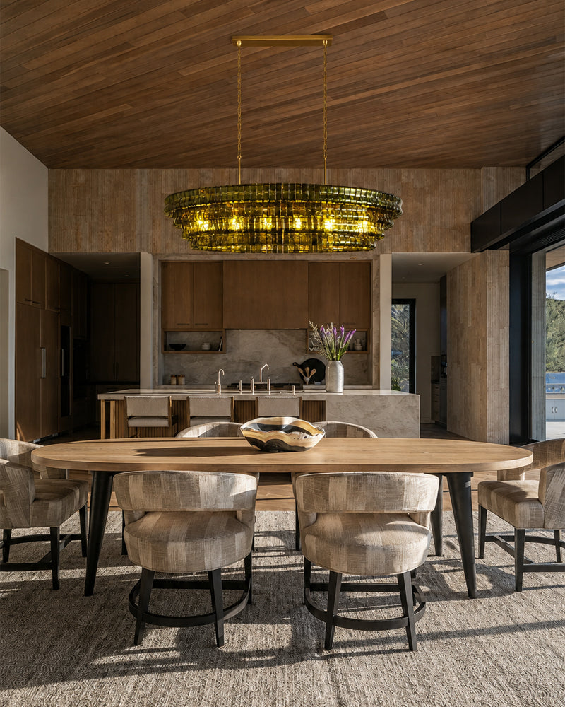 Brina Ghiaccio Smoked Green Murano Glass Oval Linear Chandelier - Textured Ice Glass, Lux Gold Trim - Kitchen Islands & Dining Rooms