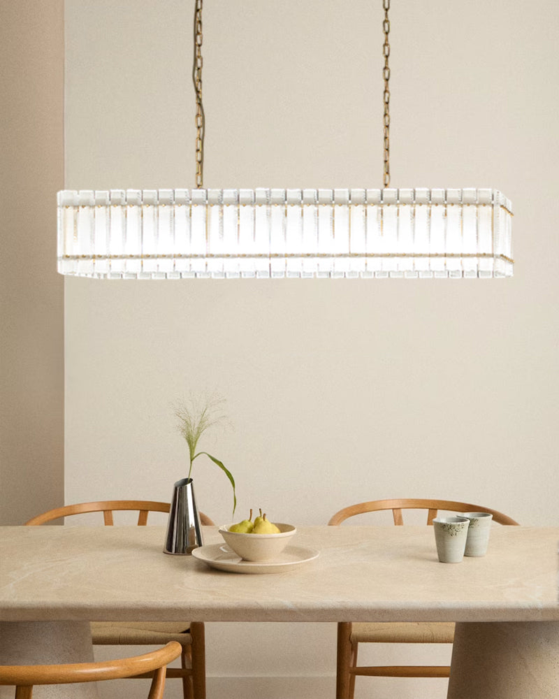 Solstice Aura Ghiaccio Glass Linear Chandelier - Lux Gold Trim - Kitchen Islands & Dining Rooms