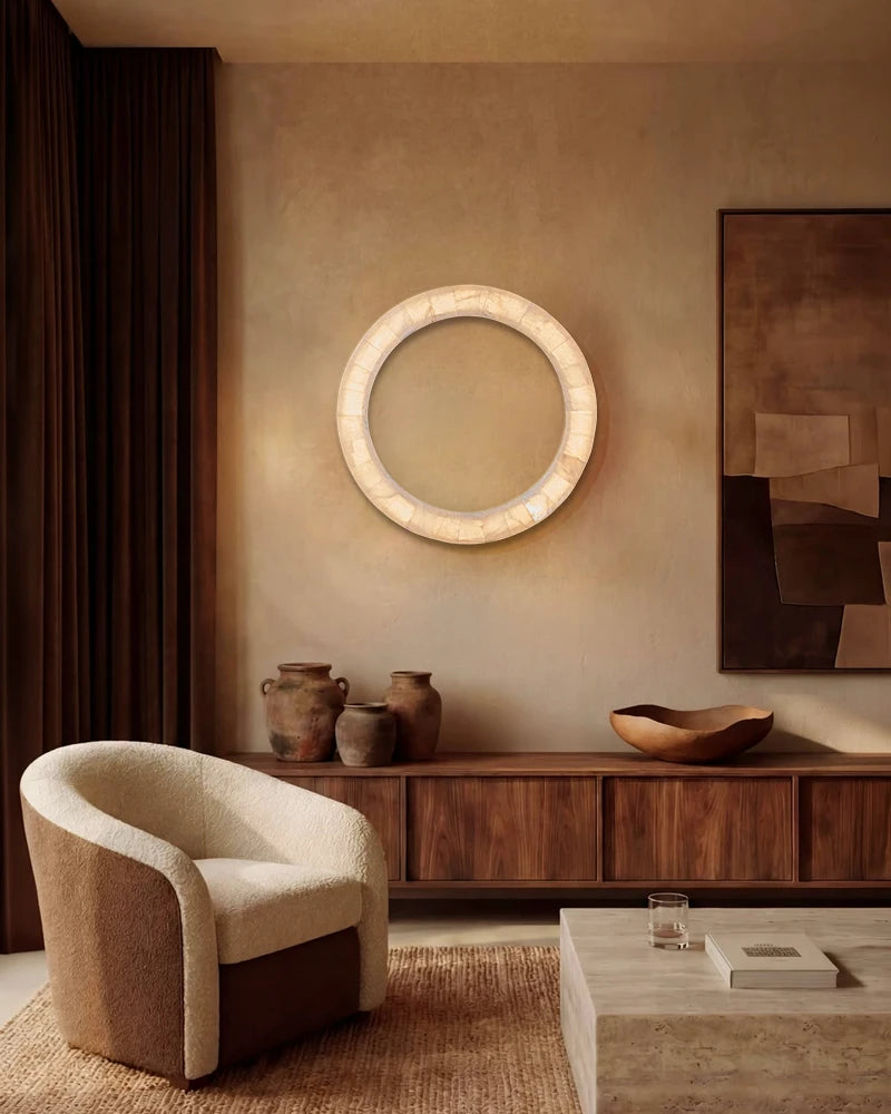 LightsStory Series Geometric Wall Sconce | Circular Mirror Raw Alabaster Marble and Reflective Mirror, Natural Stone Texture for Modern Bathrooms and Entryways Flush Mounted Wall Sconce Lamp