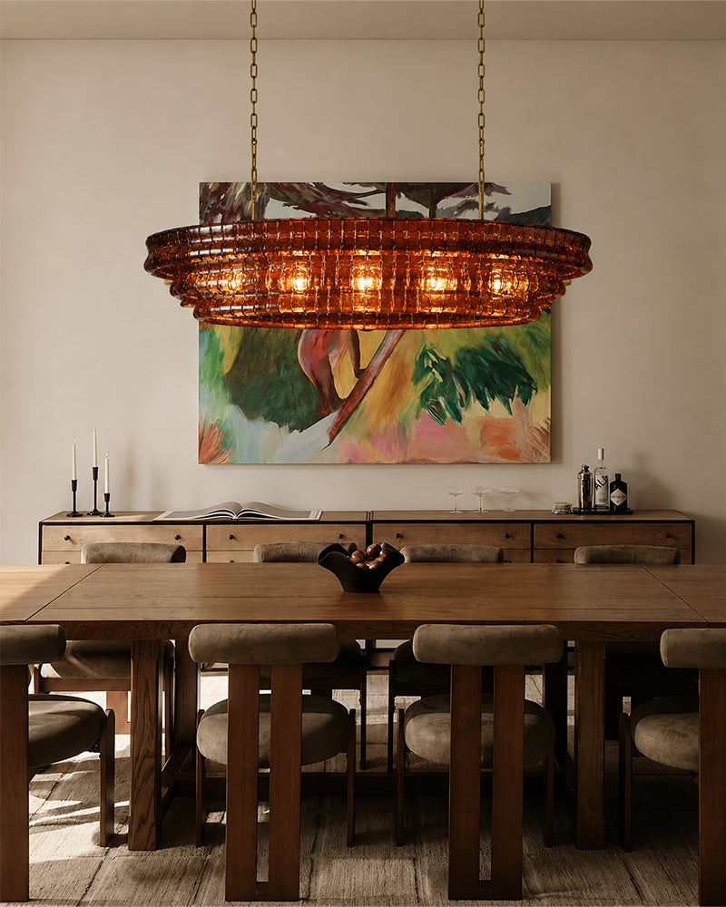 Brina Ghiaccio Amber Pink Murano Glass Oval Linear Chandelier - Textured Ice Glass, Lux Gold Trim - Kitchen Islands & Dining Rooms