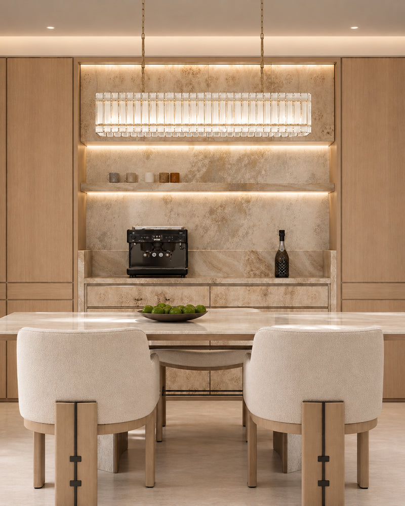 Solstice Aura Ghiaccio Glass Linear Chandelier - Lux Gold Trim - Kitchen Islands & Dining Rooms