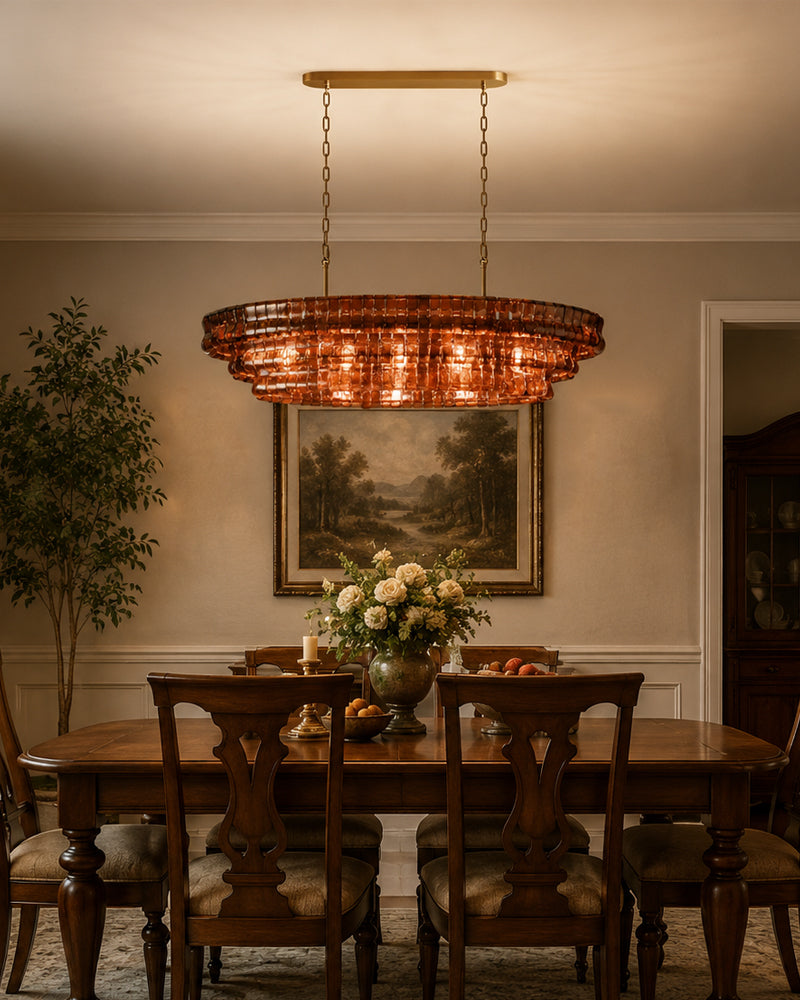 Brina Ghiaccio Amber Pink Murano Glass Oval Linear Chandelier - Textured Ice Glass, Lux Gold Trim - Kitchen Islands & Dining Rooms