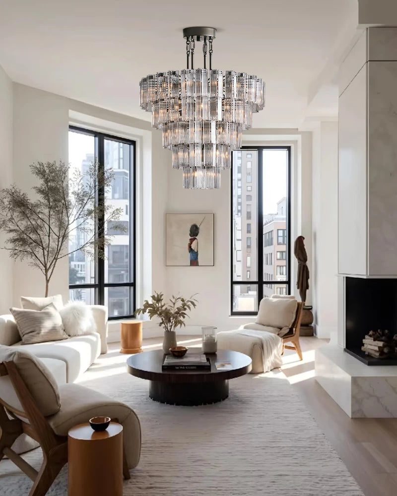 Saint-Cirq Series Refractive Chandelier | 2-Tier Oval Reeded Clear and Smoke Glass with Steel, Brushed Black and Brass for Dining Rooms and Entryways American chandelier