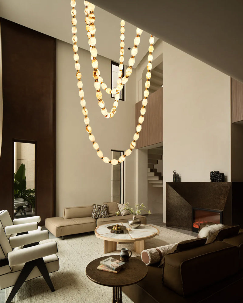 Clairval Alabaster Bead Rope Hanging Pendant Light - Natural Spanish Alabaster, Lux Brass Trim - Lobby, Living Rooms & High Ceilings