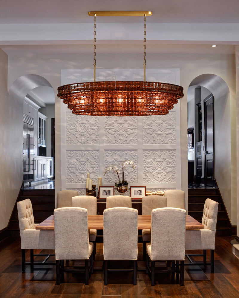 Brina Ghiaccio Amber Pink Murano Glass Oval Linear Chandelier - Textured Ice Glass, Lux Gold Trim - Kitchen Islands & Dining Rooms