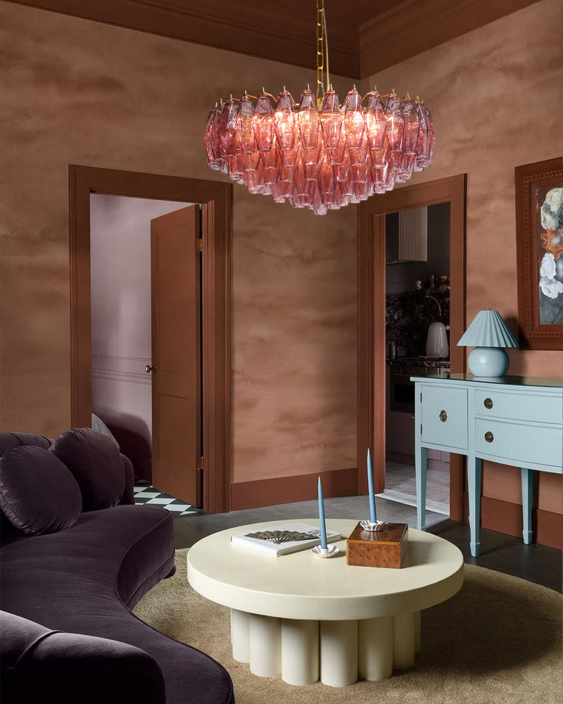 Cortina Murano Glass Amber Pink Multi Tiered Dome Chandelier - Hand Blown Murano Glass, Lux Brass Trim - Living Rooms, Bedrooms, Dining Rooms