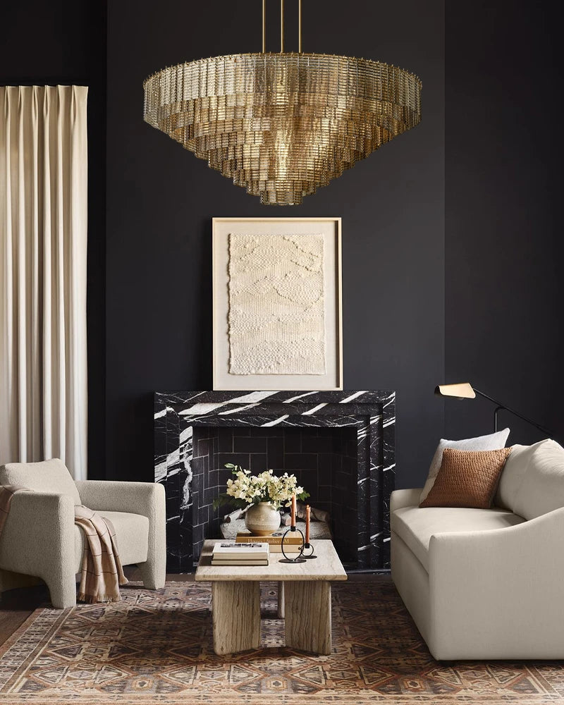 Cassis Series Geometric Chandelier | Concentric Ridged Glass Tiers Hand-crafted Ridged Smoke Glass, Polished Metal Frame for Grand Foyers and Luxury Hotel Lobbies American chandelier