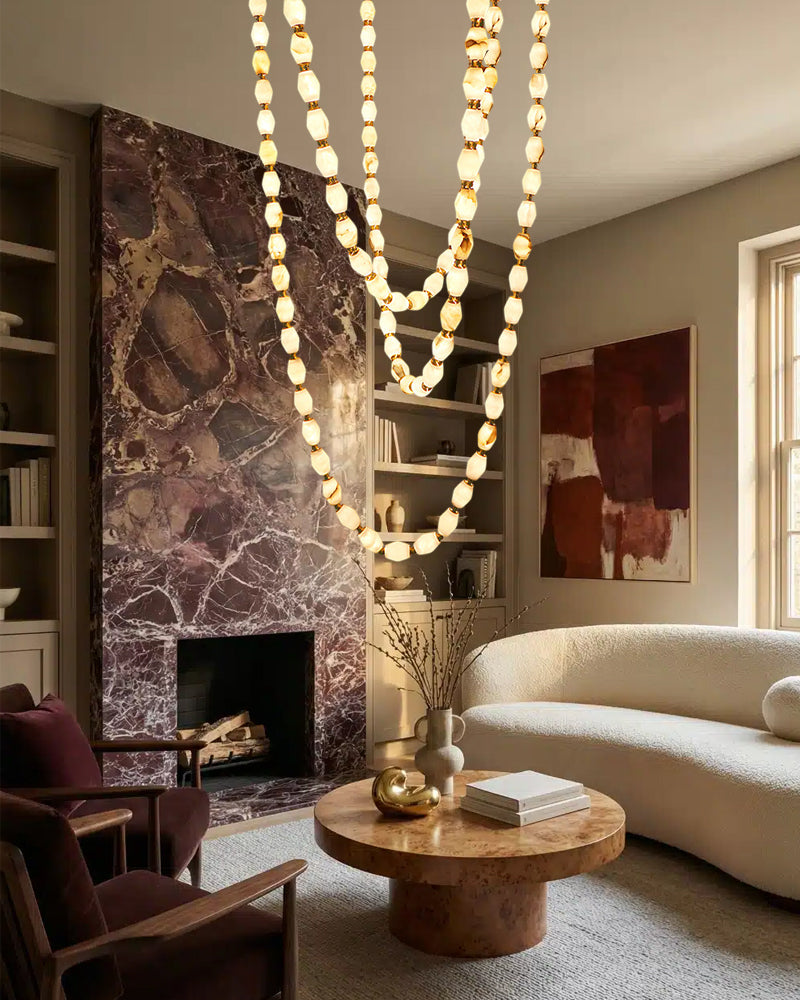 Clairval Alabaster Bead Rope Hanging Pendant Light - Natural Spanish Alabaster, Lux Brass Trim - Lobby, Living Rooms & High Ceilings